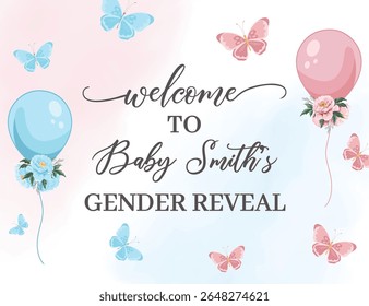Welcome card for baby gender reveal party with pink and blue flowers, balloons, butterflies and cute baby decorations