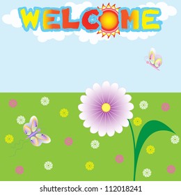 Welcome card with butterflies and sun