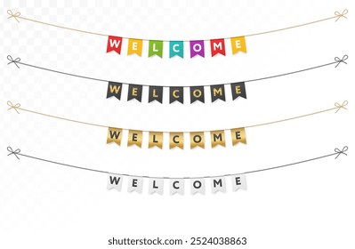 Welcome card concept, typography design. Golden streamers, hanging paper flag garland, rope. Realistic party banner, gold, black color. Celebration bunting mockup. Transparent background. Vector