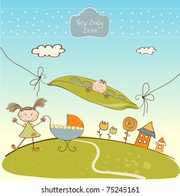 welcome card with  cute pea bean and big sister
