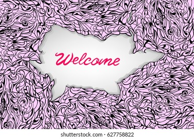 Welcome card in sketh style. Typography card, color image. Abstract doodle background with place for inscription