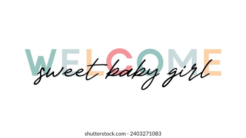 Welcome card template with a multi-colored inscription. Vector illustration for gender reveal party