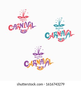 Welcome to Carnival 2020. A set of three bright Carnival logos in three languages, English, Spanish and Portuguese. Logo in Carnival, Carnaval. Vector handwritten logo with masks. 
