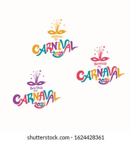 Welcome to Carnival. 2020. A set of three bright Carnival logos in three languages, English, Spanish and Portuguese. Logo in Carnival, Carnaval. Vector handwritten logo with masks. 
