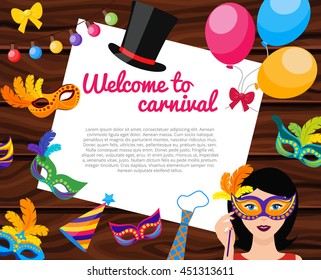 Welcome to carnival composition with text on white paper sheet festive decorations on wooden background vector illustration