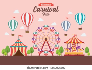 Welcome to Carnival Fair. Vector illustration. Flat style design, Amusement park, circus and fun fair theme set, with roller coasters, carousels, castle, hot air balloon