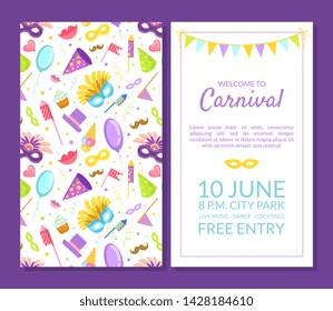 Welcome to Carnival, Masquerade Party Banner, Flyer or Invitation Card Template with Place for Text, Two Sides Vector Illustration