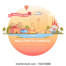 Welcome to carnival - modern vector illustration in a round frame with place for text. Cityscape with attractions, circus pavilion, castle, mountains, pond. Entertainment, amusement park concept