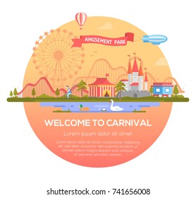 Welcome to carnival - modern vector illustration in a round frame with place for text. Cityscape with attractions, circus, castle, pond with birds, airship. Entertainment, amusement park concept