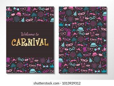 Welcome to Carnival Party - concept of two sided card in retro style. Vector.