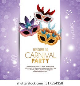 welcome carnival party cute masks with feathers bright purple background