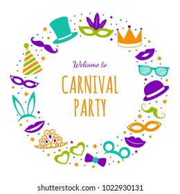 Welcome to Carnival Party - poster with funny party elements. Vector.
