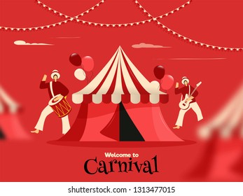 Welcome to carnival poster or banner design with illustration of circus tent and fun loving people on red background.