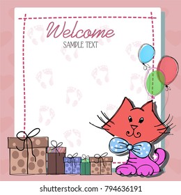 Welcome cartoon card, beautiful poster with animal, balloons ang gifts, vector