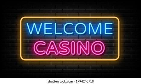 Welcome casino neon sign, design element, light banner, announcement neon signboard.