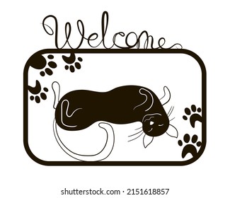 Welcome cat sign is a template for a cardboard, wood, and metal laser cutting machine. Black vector illustration isolated on white background.