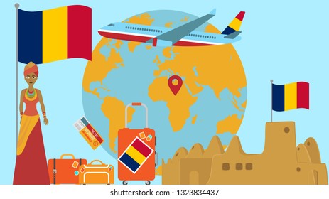 Welcome to Chad postcard. Travel and safari concept of Africa world map vector illustration with national flag welcome background