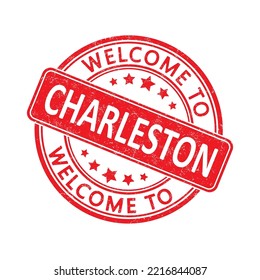 Bienvenido a CHARLESTON. Impresión de un sello redondo con una escoria. Estilo plano