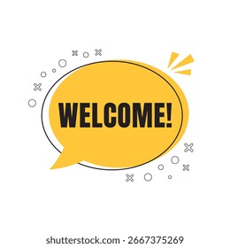 Icono de la burbuja del chat de bienvenida, diseño amarillo del mensaje de texto. Burbuja de discurso de saludo con texto de bienvenida. Vector de mensaje de bienvenida de estilo plano.