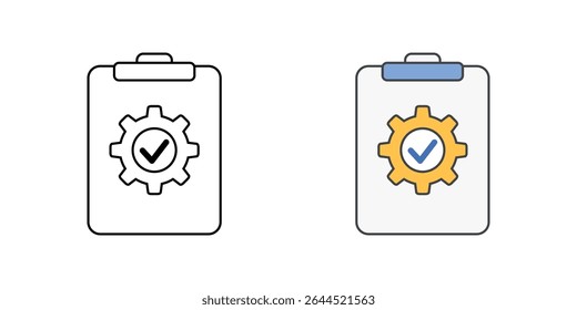 IT welcome checklist icon with clipboard, check marks, and gear, in outline and color styles, perfect for illustrating new hire setup tasks, IT onboarding procedures, and employee tech readiness.