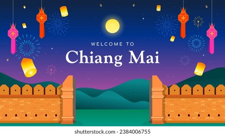 Welcome to Chiang Mai background vector illustration. Beautiful fireworks and lanterns celebration in Chiang Mai svg