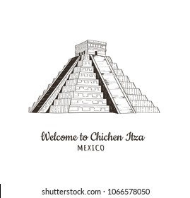 Welcome to Chichen Itza. Mexico. Mexican Pyramid of Maya vector illustration.  Maya civilisation