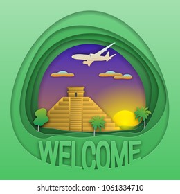 Welcome to Chichen Itza travel concept emblem. Sunset, Mayan pyramid, trees and aircraft in the sky. Tourist label illustration in paper cut style.