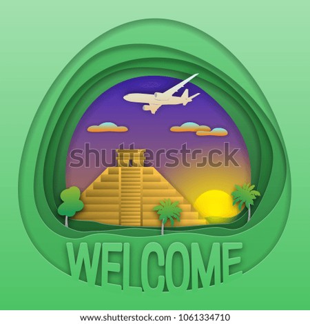 Welcome to Chichen Itza travel concept emblem. Sunset, Mayan pyramid, trees and aircraft in the sky. Tourist label illustration in paper cut style.