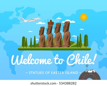 Welcome to Chile poster with famous attraction vector illustration. Travel design with Moai statues from Easter island. Worldwide air traveling, time to travel, discover new historical places