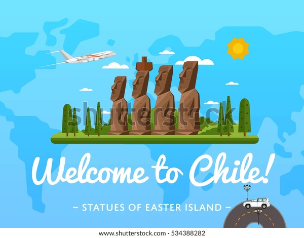 チリのポスターにようこそ 有名な引き付けベクターイラスト イースター島 の模合像を使った旅のデザイン 世界中の空の旅 移動時間 新しい歴史的な場所の発見 のベクター画像素材 ロイヤリティフリー