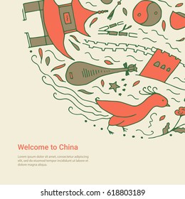 Welcome to China concept. Hand drawn symbols of China. Vector template.