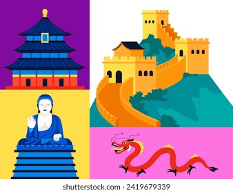 Welcome to China - set of flat design style illustrations. Colored images of Tiantan Temple of Heaven, great wall, red mythical dragon, buddha statue in lotus position, antiquities and architecture