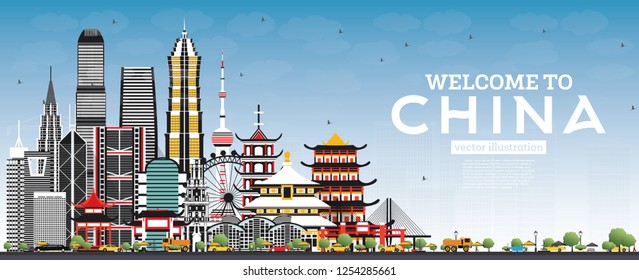 Welcome to China Skyline with Gray Buildings and Blue Sky. Famous Landmarks in China. Vector Illustration. Business Travel and Tourism Concept with Modern Architecture. China Cityscape with Landmarks.