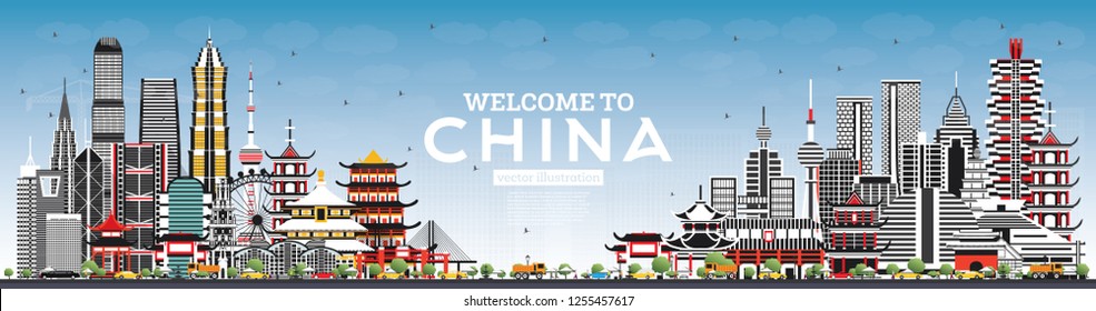 Welcome to China Skyline with Gray Buildings and Blue Sky. Famous Landmarks in China. Vector Illustration. Business Travel and Tourism Concept with Modern Architecture. China Cityscape with Landmarks.