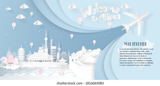 Welcome to China. Travel Landmarks, Forbidden City and the Great Wall of China. Panorama Paper art Vector illustration.