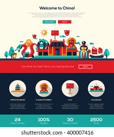 Welcome to China travel one page website template layout with flat design header, banner, icons and other elements, famous Chinese symbols