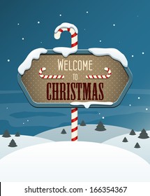 Welcome to Christmas sign in the winter landscape. EPS10 vector image.