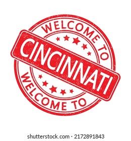 Welcome to Cincinnati. Impression of a round stamp with a scuff. Flat style