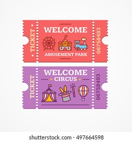 Welcome Circus and Amusement Park Tickets Flat Design Style Icon Set. Vector illustration for Creative Ticket Elements with Thin Line Icons. 