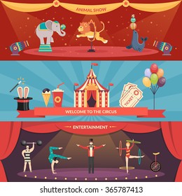 Welcome to circus entertainment flat horizontal banners set of animals show and performance with acrobats and magician vector illustration  