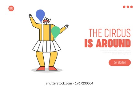 Welcome to circus landing page design with female clown character in red wig with air balloons. Woman performer wear costume for carnival or comedy show. Flat vector illustration