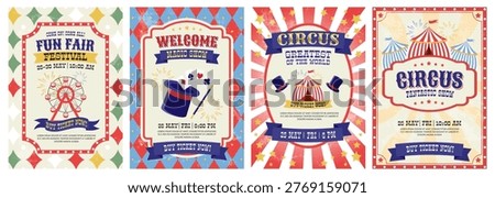 welcome circus, retro invitation poster set. vintage fun fair festival background with tent, pattern. invite banner of carnival magic show. vector illustration