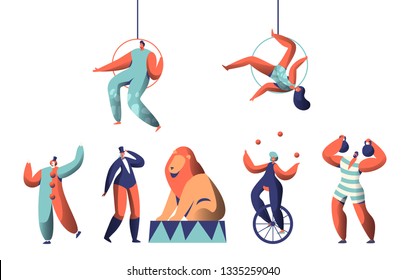 Welcome Circus Show with Clown Acrobat Aerialists and Animal Set. Woman Juggler Balance on Unicycle. Strongman Lift Weights. Trained Lion in Arena with Trainer. Flat Cartoon Vector Illustration