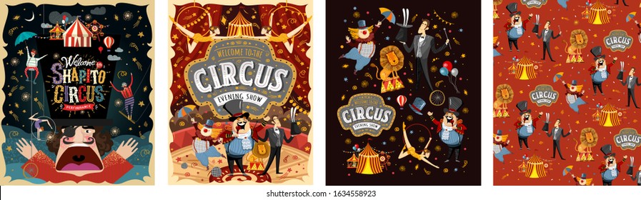 Welcome to the circus! Vector illustrations for a poster, invitation or banner with drawings of the arena, host, clown, magician, gymnasts and animal lion.
