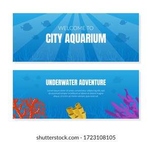 Welcome to City Aquarium Banner Template, Underwater Adventure Flyer, Invitation Card Vector Illustration