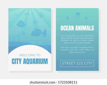 Welcome to City Aquarium Card Template, Ocean Animals Flyer, Invitation Card, Certificate Vector Illustration