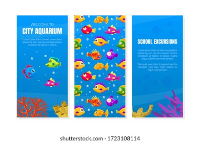 Welcome to City Aquarium Card Template, School Excursions Flyer, Invitation Card with Cute Colorful Tropical Fishes Vector Illustration