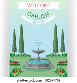 Welcome to city garden poster template. Idyllic landscape with streaming fountain and arranged trees. Spring park versailles style. Banners and space for custom text. Flat design vector illustration.