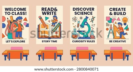 Welcome To Class Read Write Discover Science Create Build School Poster Set Education Student Learning Classroom Colorful Design Illustration Vector Graphic Collection