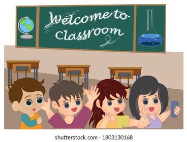 welcome to classroom  Students are happy to meet their friends again at school.